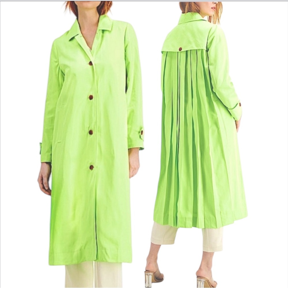 Alfani Garden Oasis Lime Green Pleated Back Statement Trench Coat Large Petite